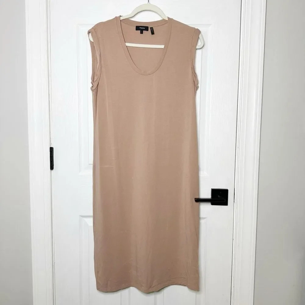 THEORY Size L Cuff Sleeve Scoop Neck Knit Tank Midi Dress Quartz Modal Blend‎ - Picture 2 of 8